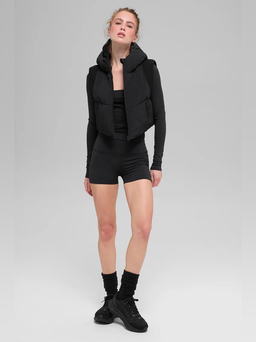 ALO Yoga Black Fast Lane Cropped Hooded Puffer Vest L - Picture 3 of 14